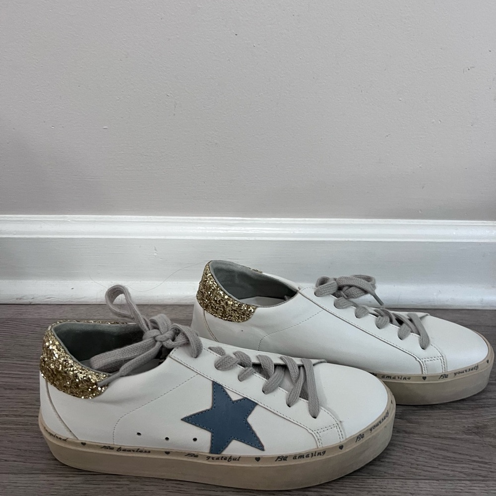 NWOT ShuShop White Sneakers with Blue Star and Gold Glitter, Size 7.5